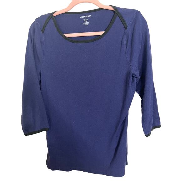 Lord & Taylor blue black hem 1/2 sleeve cotton tee large - Picture 1 of 3